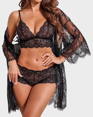 3-Piece Lace Bralette Sleepwear Set with Robe
