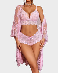 3-Piece Lace Bralette Sleepwear Set with Robe