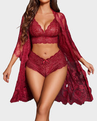 3-Piece Lace Bralette Sleepwear Set with Robe