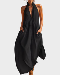 Slimming Flowy Halter Maxi Dress with Pockets