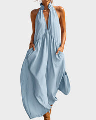 Slimming Flowy Halter Maxi Dress with Pockets