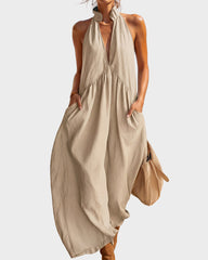 Slimming Flowy Halter Maxi Dress with Pockets