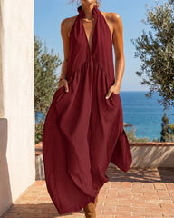 Slimming Flowy Halter Maxi Dress with Pockets