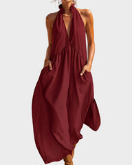 Slimming Flowy Halter Maxi Dress with Pockets