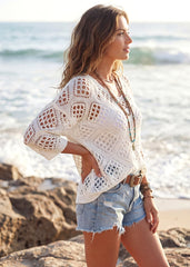 Casual Knit Hollow-Out 3/4 Batwing Sleeve Lightweight Summer Sweater