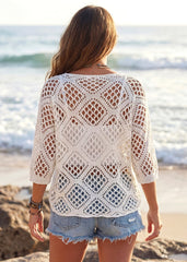 Casual Knit Hollow-Out 3/4 Batwing Sleeve Lightweight Summer Sweater